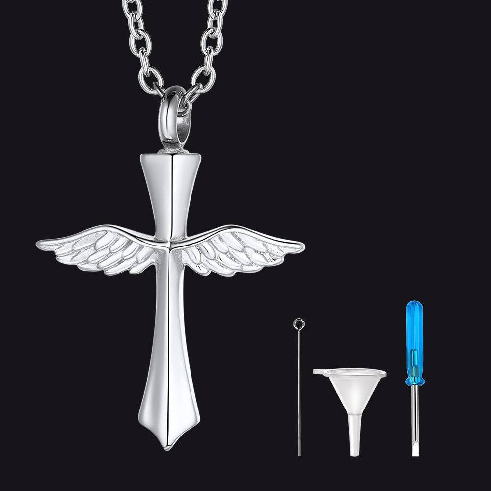Custom Cremation Wings Cross Urn Ashes Pendant Necklace for Men Women