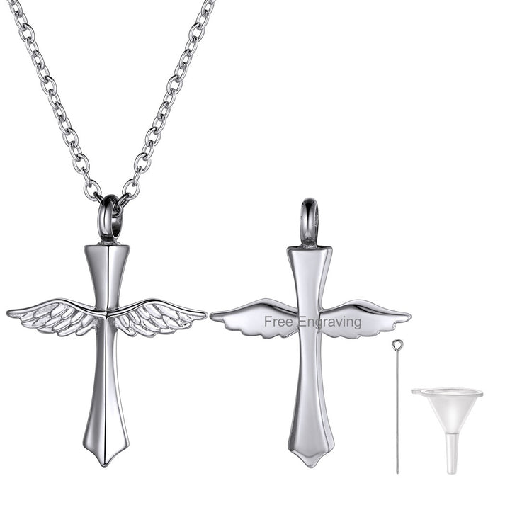 Custom Cremation Wings Cross Urn Ashes Pendant Necklace for Men Women