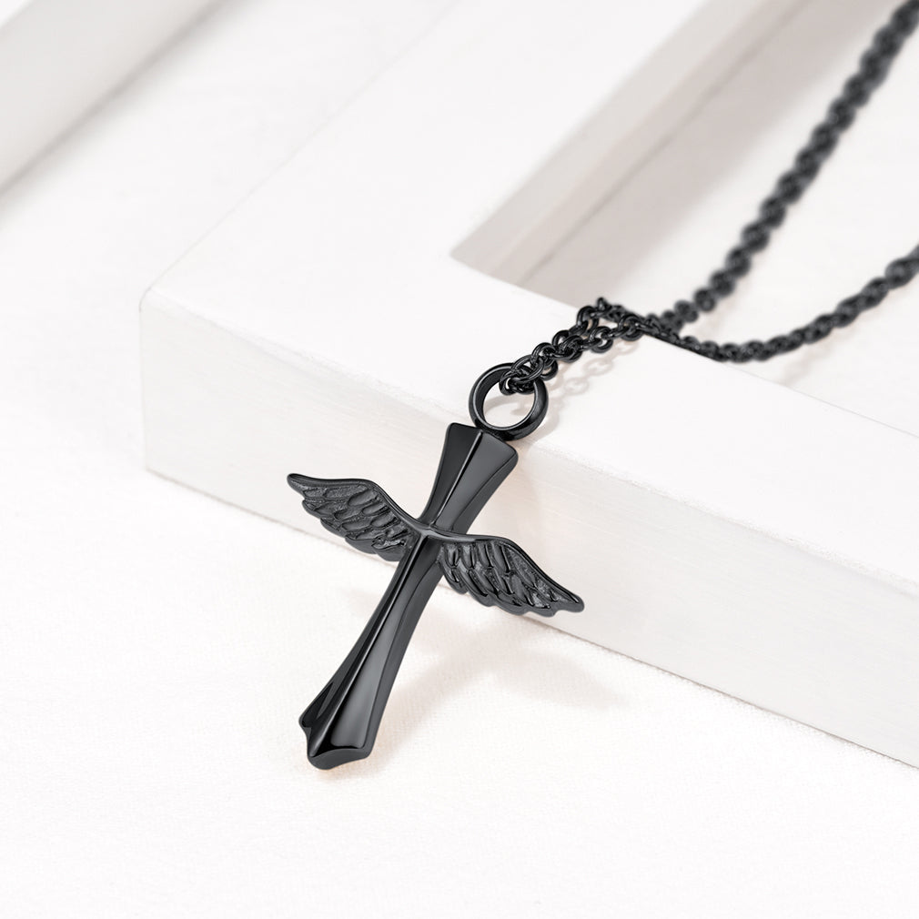 Custom Cremation Wings Cross Urn Ashes Pendant Necklace for Men Women