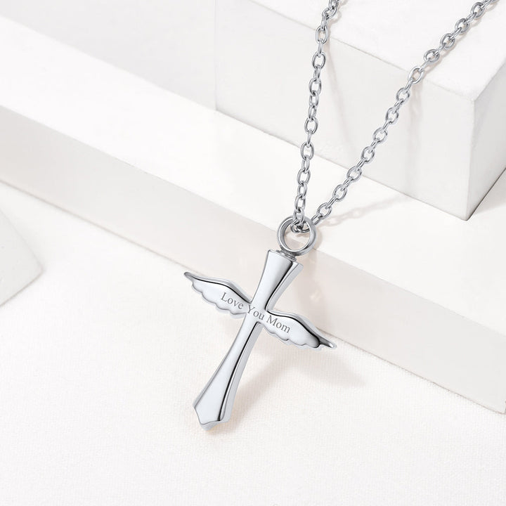 Custom Cremation Wings Cross Urn Ashes Pendant Necklace for Men Women