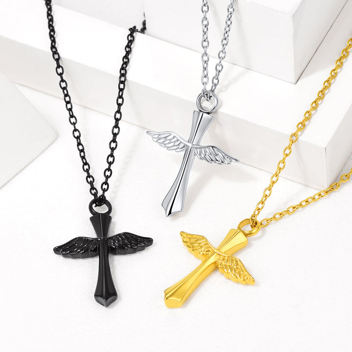 Custom Cremation Wings Cross Urn Ashes Pendant Necklace for Men Women