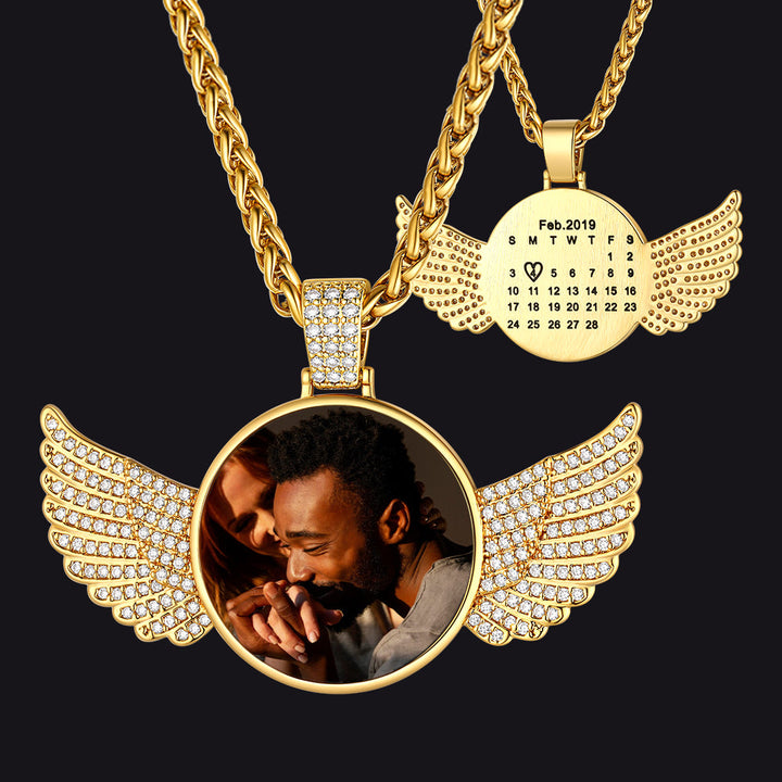 Custom Circle Picture Necklace with Angel Wing Memorial Gift for Men Women