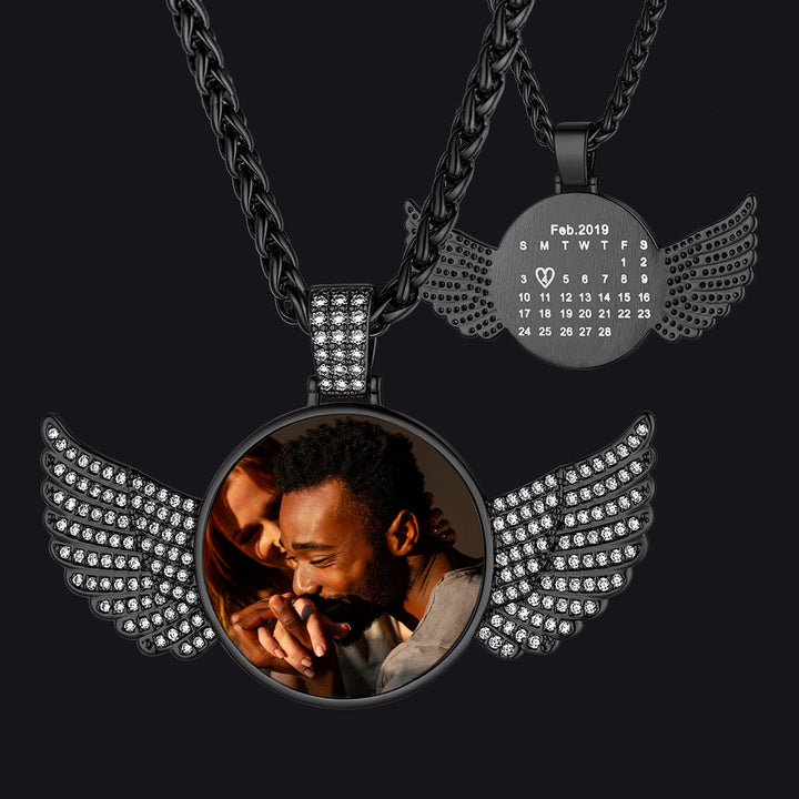Custom Circle Picture Necklace with Angel Wing Memorial Gift for Men Women