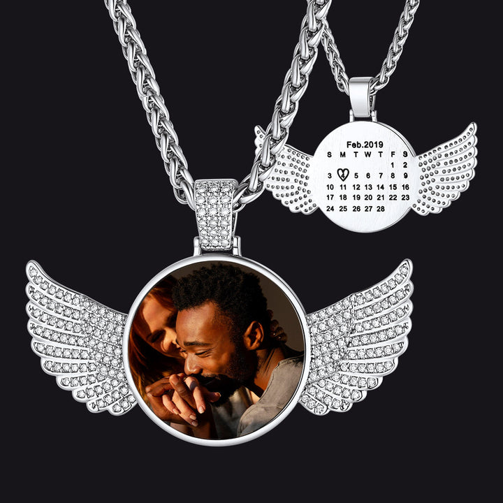 Custom Circle Picture Necklace with Angel Wing Memorial Gift for Men Women