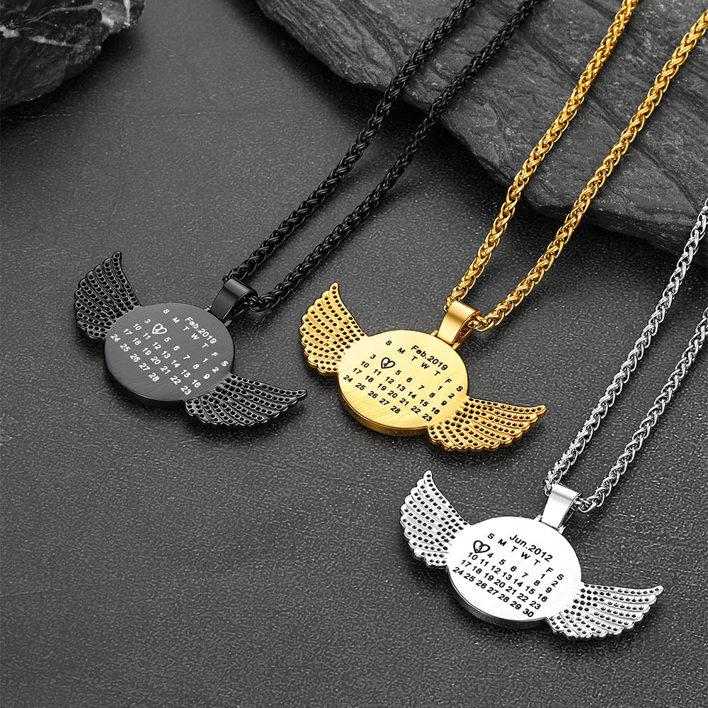 Custom Circle Picture Necklace with Angel Wing Memorial Gift for Men Women