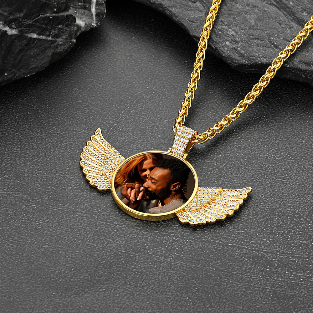 Custom Circle Picture Necklace with Angel Wing Memorial Gift for Men Women