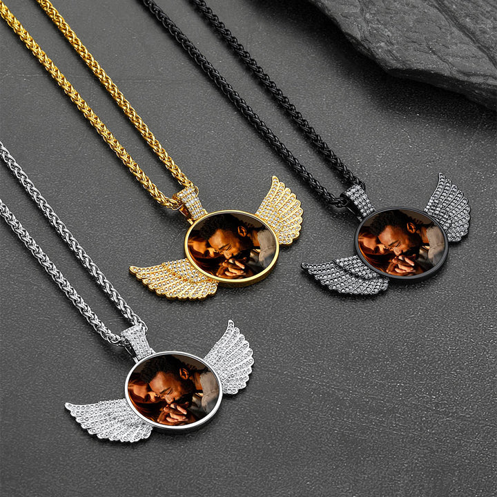 Custom Circle Picture Necklace with Angel Wing Memorial Gift for Men Women