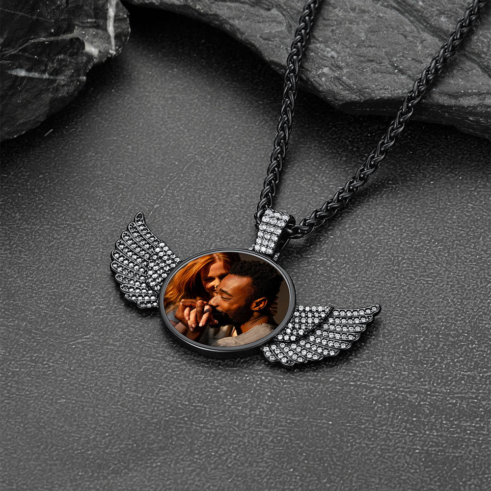 Custom Circle Picture Necklace with Angel Wing Memorial Gift for Men Women