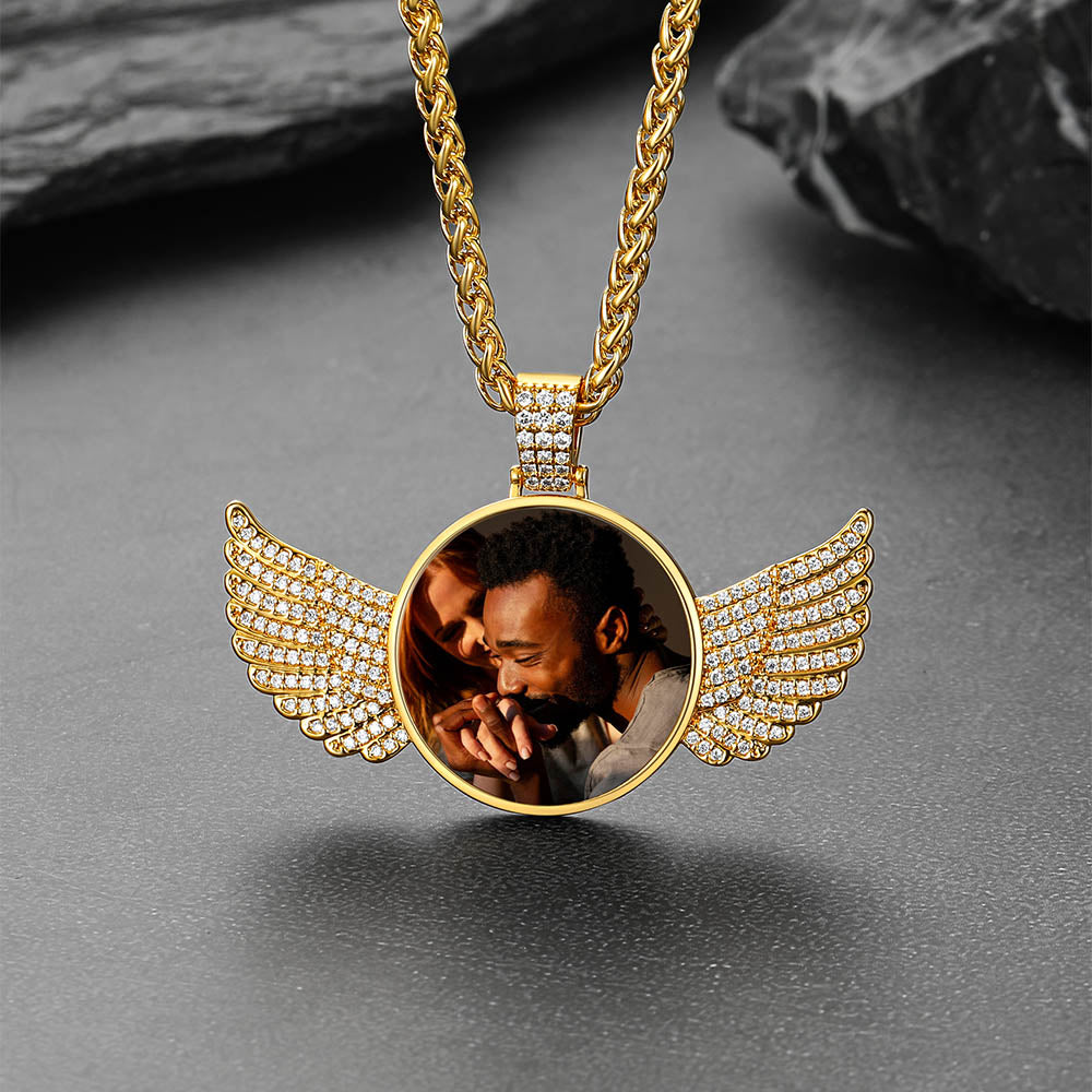 Custom Circle Picture Necklace with Angel Wing Memorial Gift for Men Women