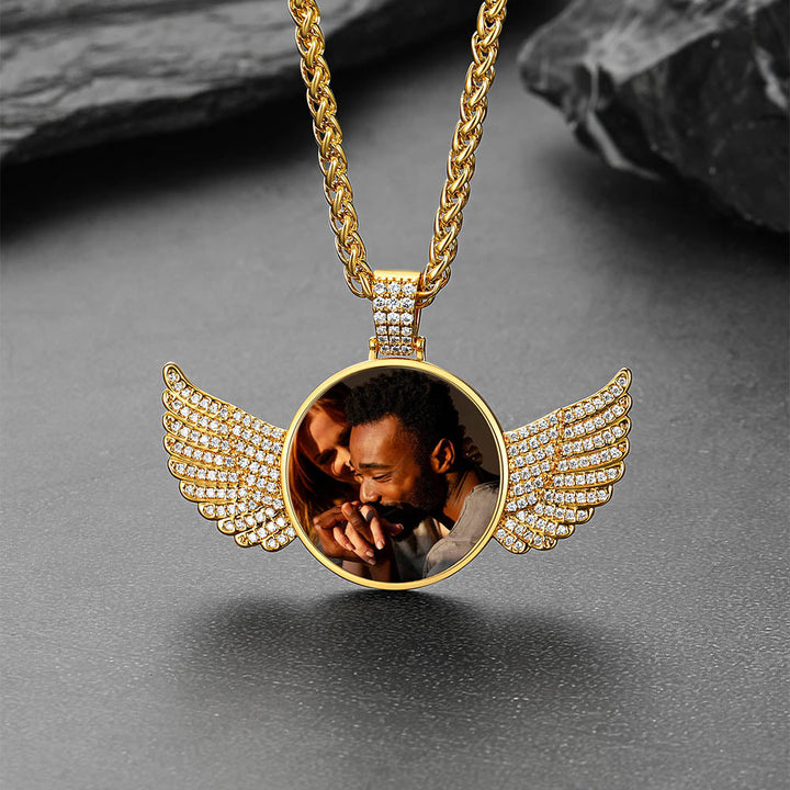 Custom Circle Picture Necklace with Angel Wing Memorial Gift for Men Women