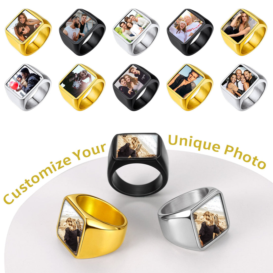 Customized Square Picture Signet Ring With Photo for Men Women