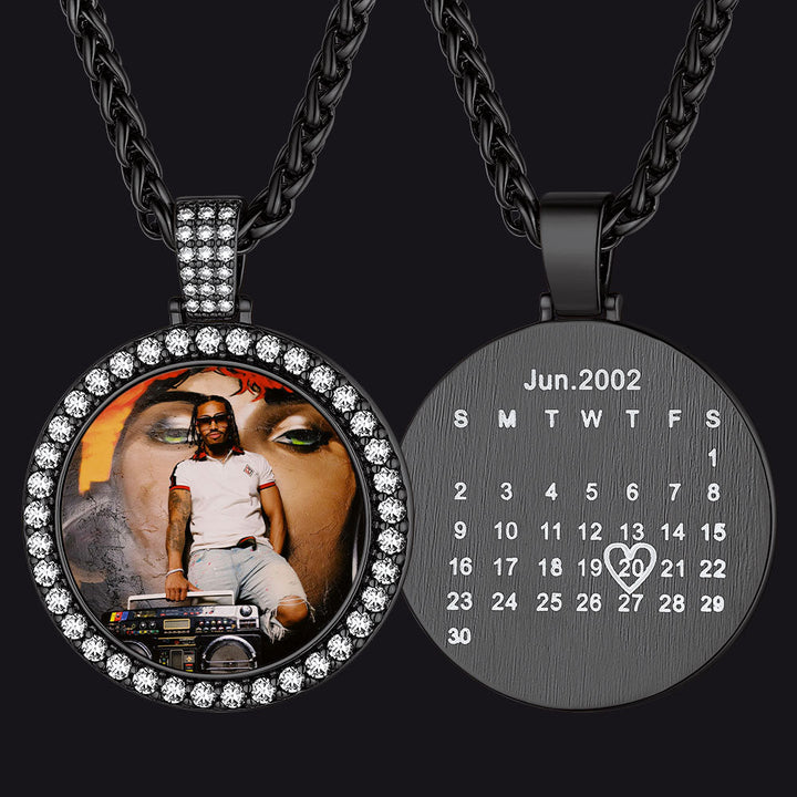 Customized CZ Picture Circle Chain Necklace with Calendar for Men Women
