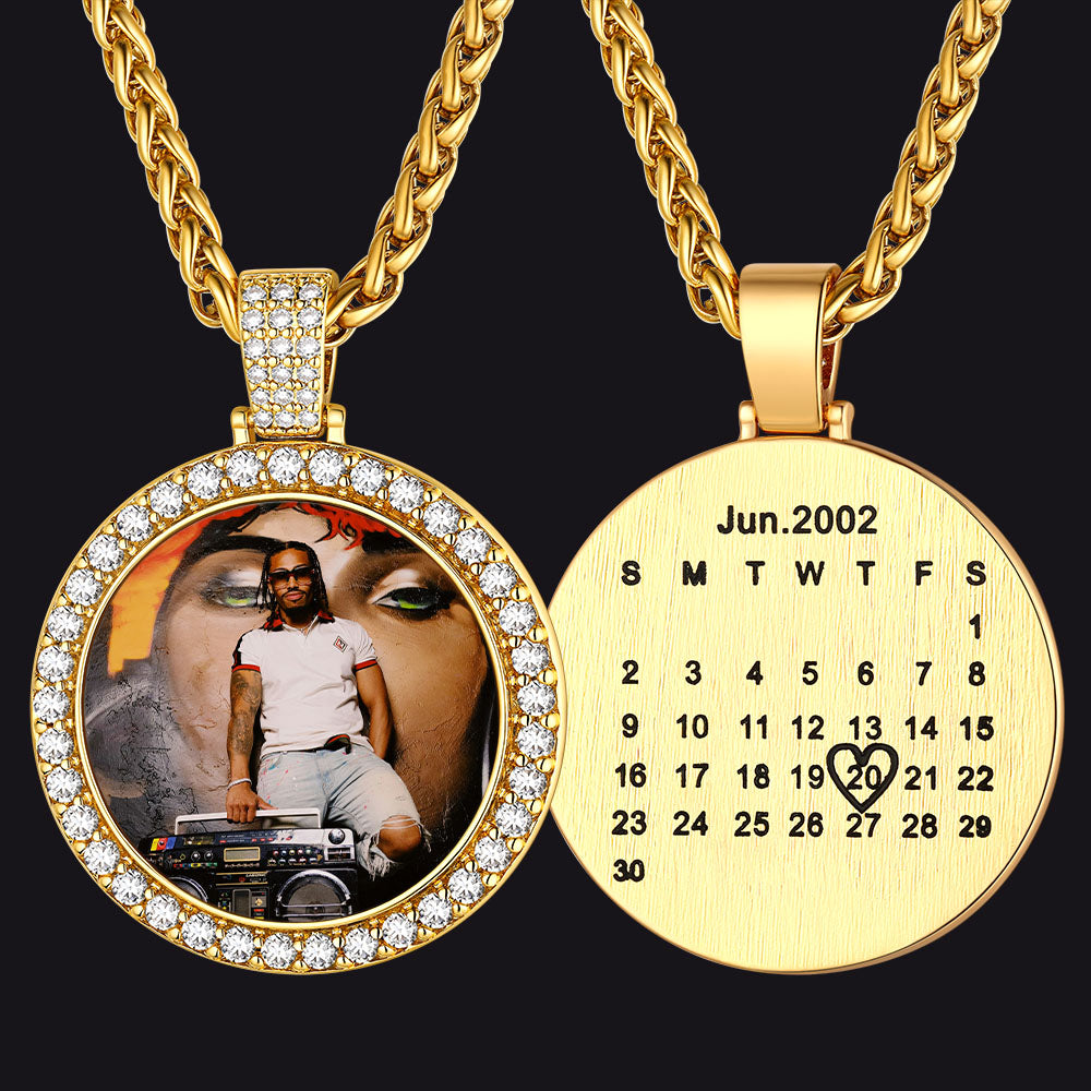Customized CZ Picture Circle Chain Necklace with Calendar for Men Women