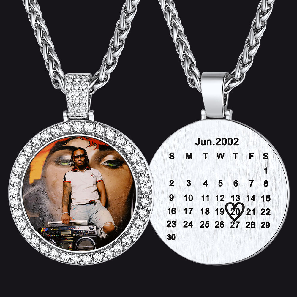 Customized CZ Picture Circle Chain Necklace with Calendar for Men Women