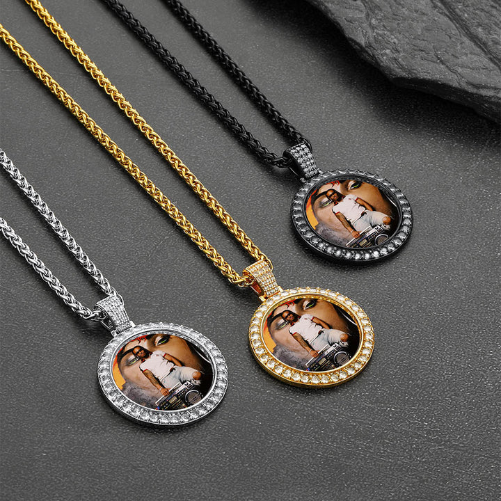 Customized CZ Picture Circle Chain Necklace with Calendar for Men Women