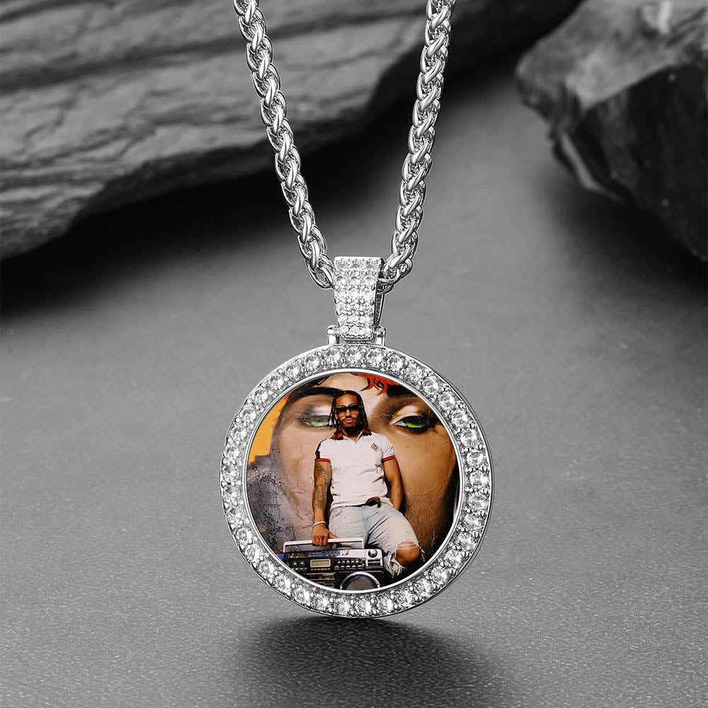 Customized CZ Picture Circle Chain Necklace with Calendar for Men Women