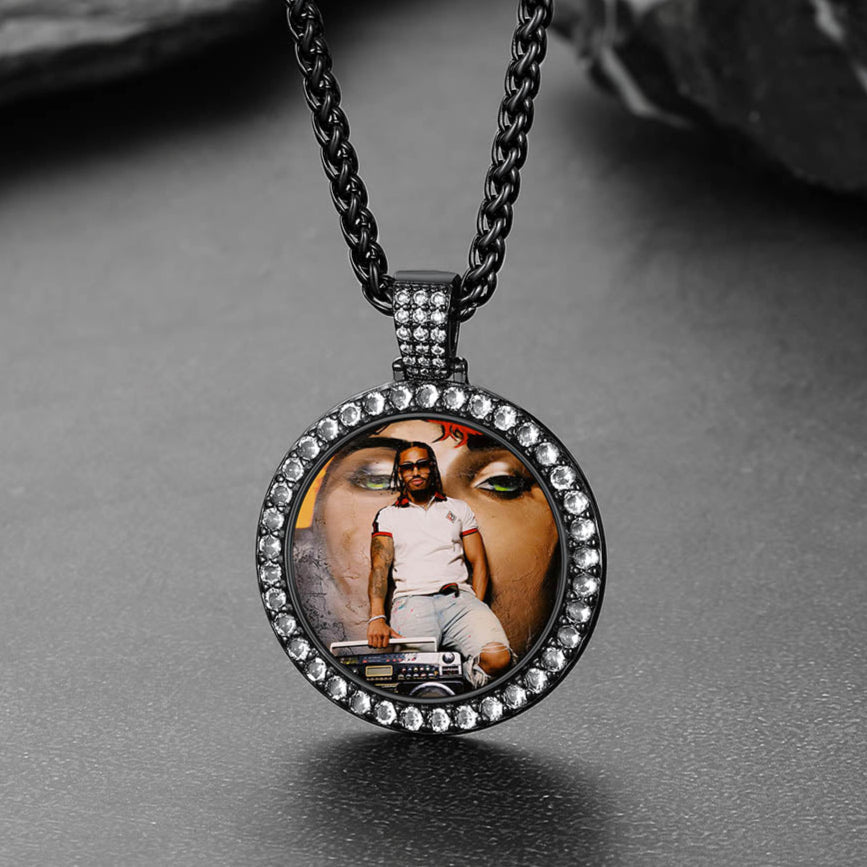 Customized CZ Picture Circle Chain Necklace with Calendar for Men Women