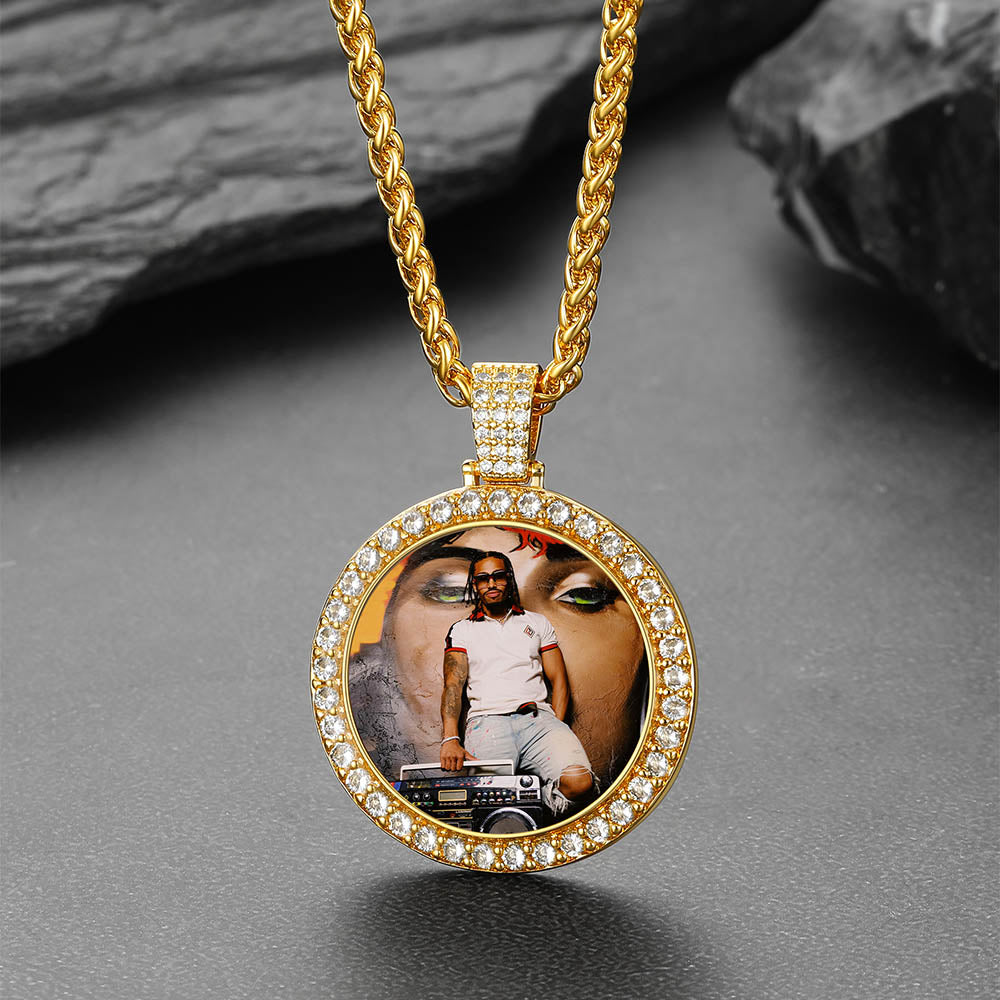 Customized CZ Picture Circle Chain Necklace with Calendar for Men Women