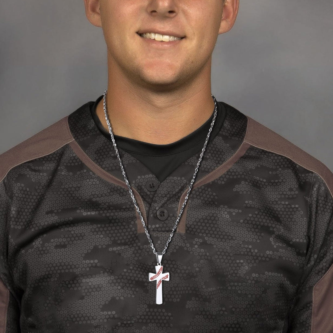Engraved Sport Baseball Cross Necklace Pendant for Men Women