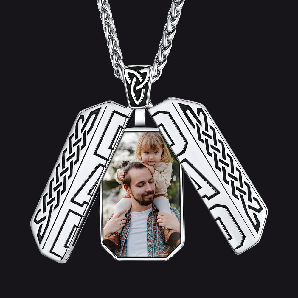 Custom Picture Open Locket Dog Tag Necklace with Viking Rune for Dad