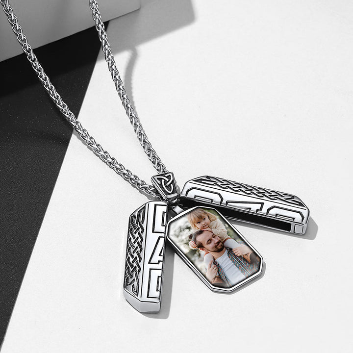 Custom Picture Open Locket Dog Tag Necklace with Viking Rune for Dad