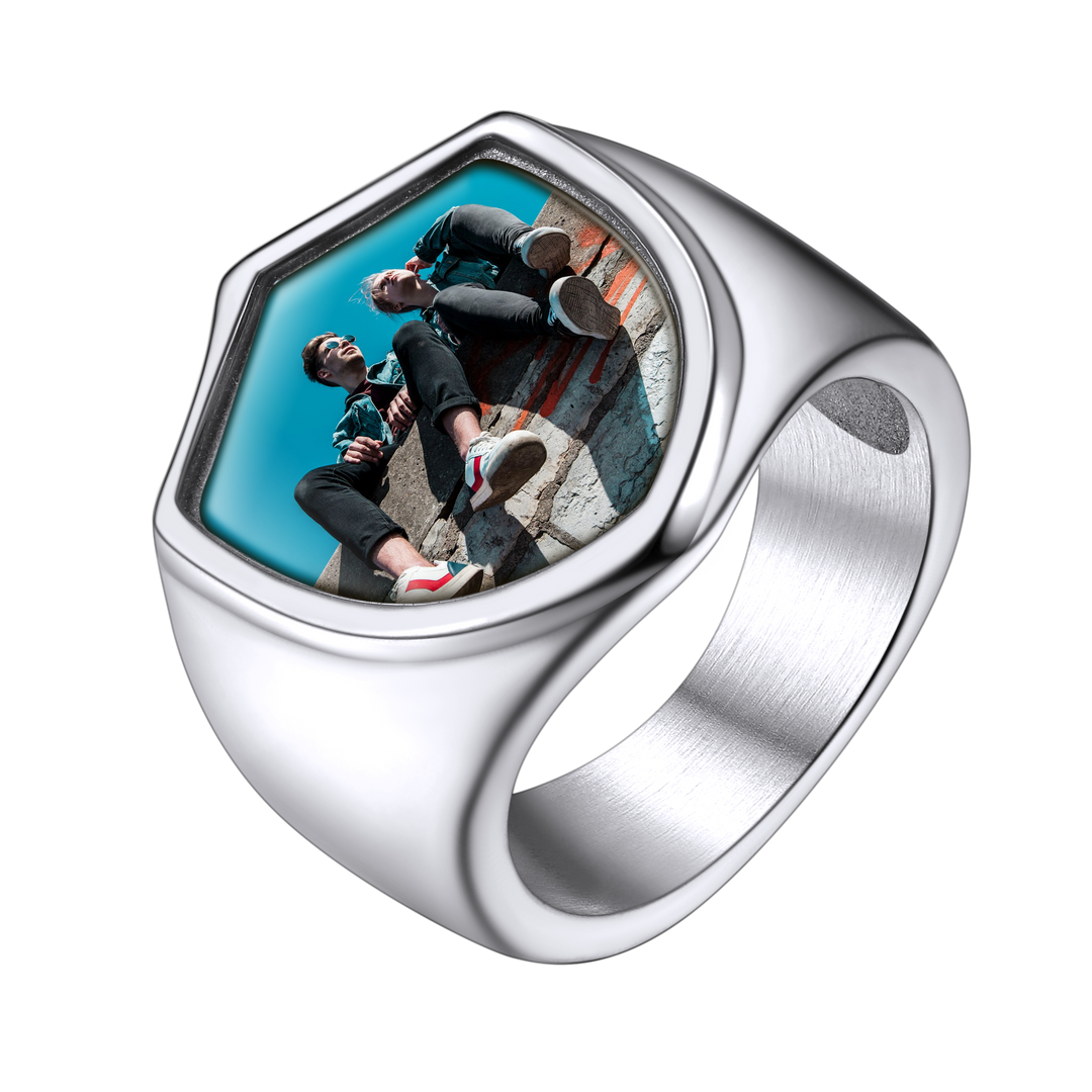 Customized Shield Signet Ring with Photo Memorial Gift for Men and Women