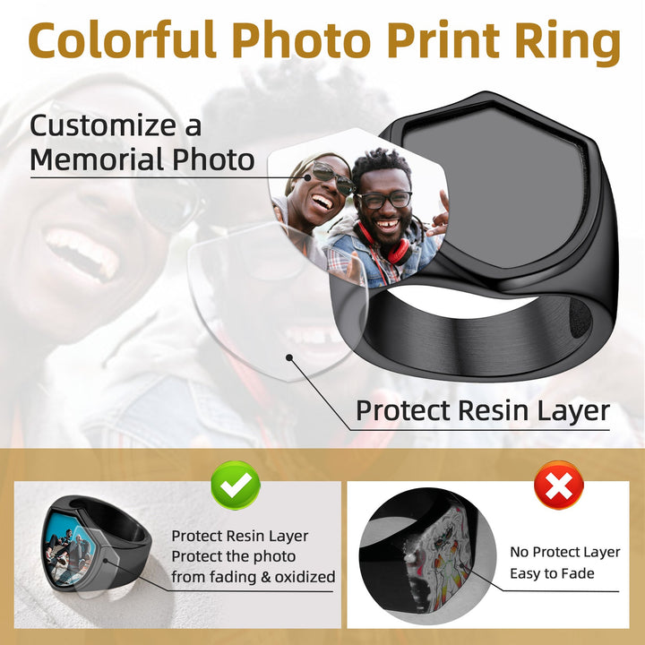 Customized Shield Signet Ring with Photo Memorial Gift for Men and Women