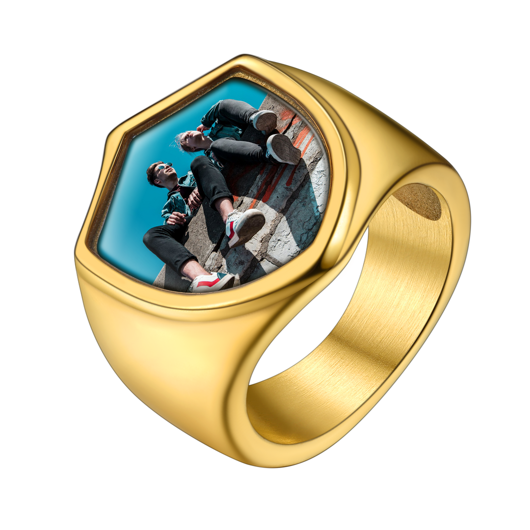 Customized Shield Signet Ring with Photo Memorial Gift for Men and Women