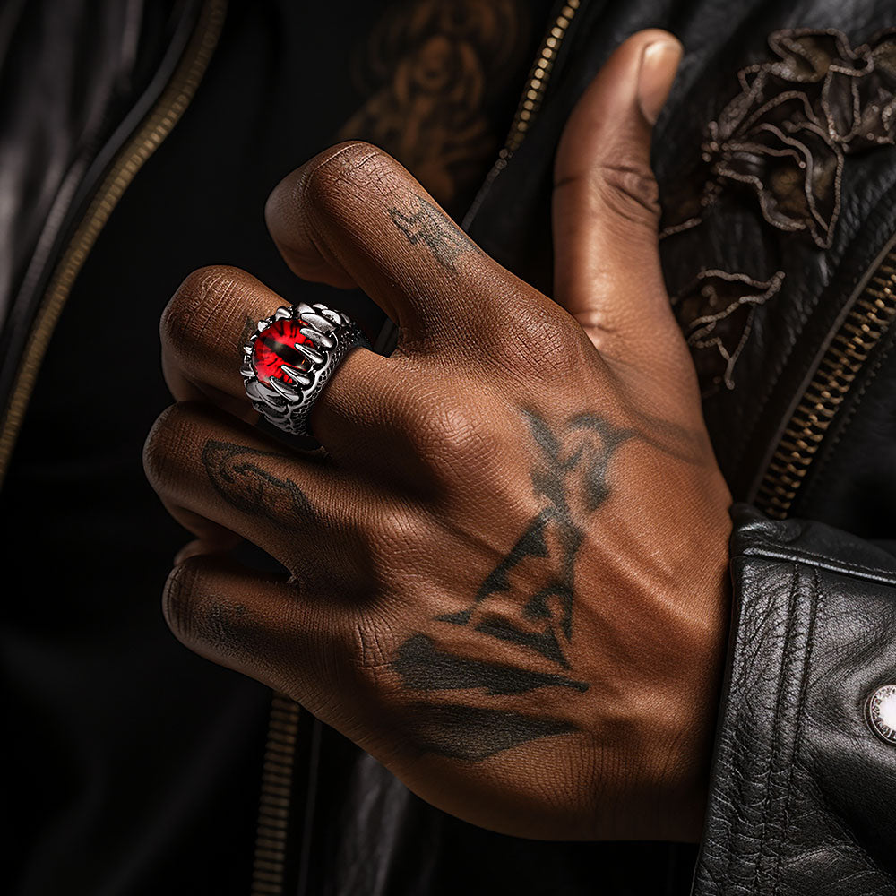 Gothic Dragon Teeth Red Evil Eyes Ring For Men