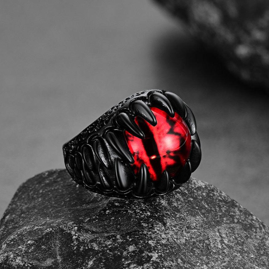 Gothic Dragon Teeth Red Evil Eyes Ring For Men