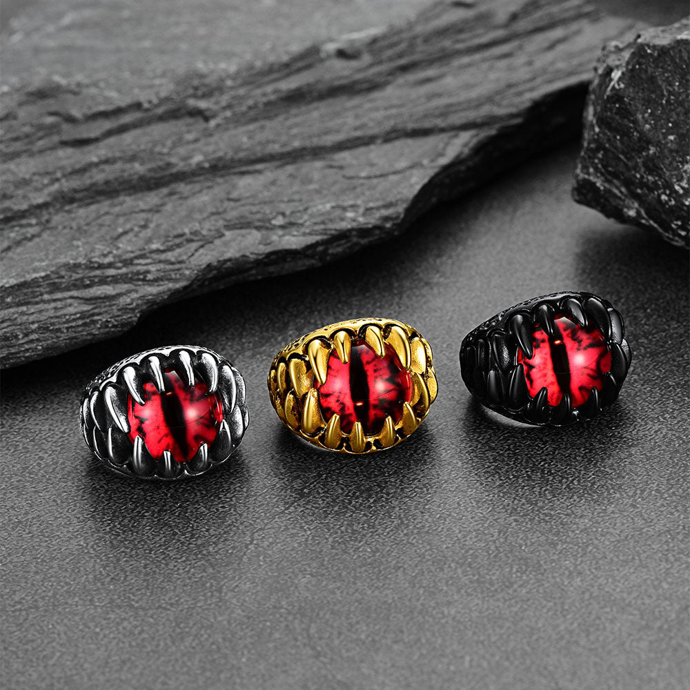 Gothic Dragon Teeth Red Evil Eyes Ring For Men