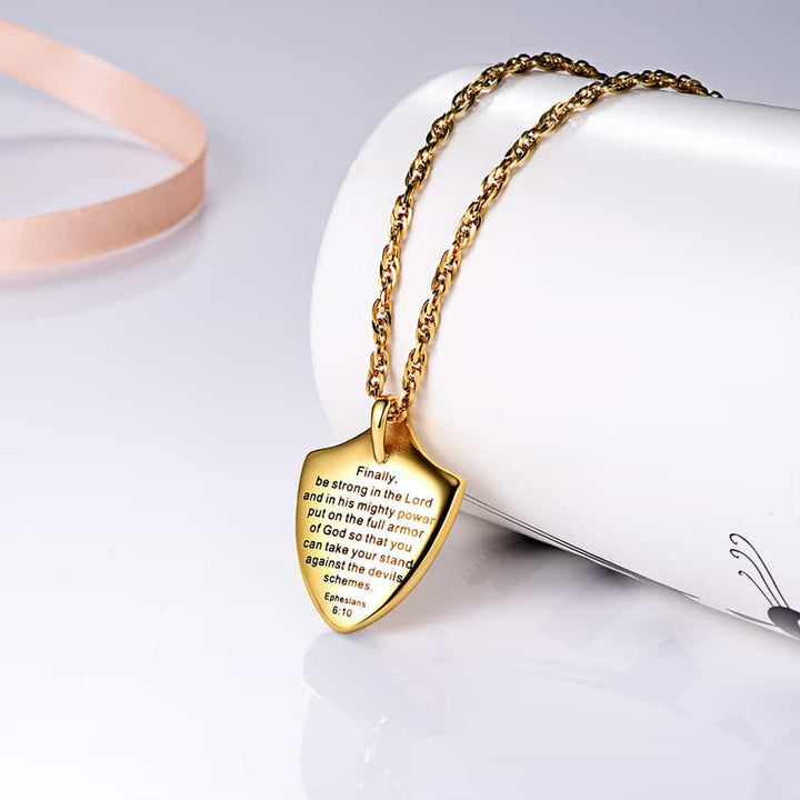 Christian Cross Shield Pendant Necklace with Ephesians 6:10 for Men
