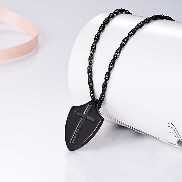 Christian Cross Shield Pendant Necklace with Ephesians 6:10 for Men