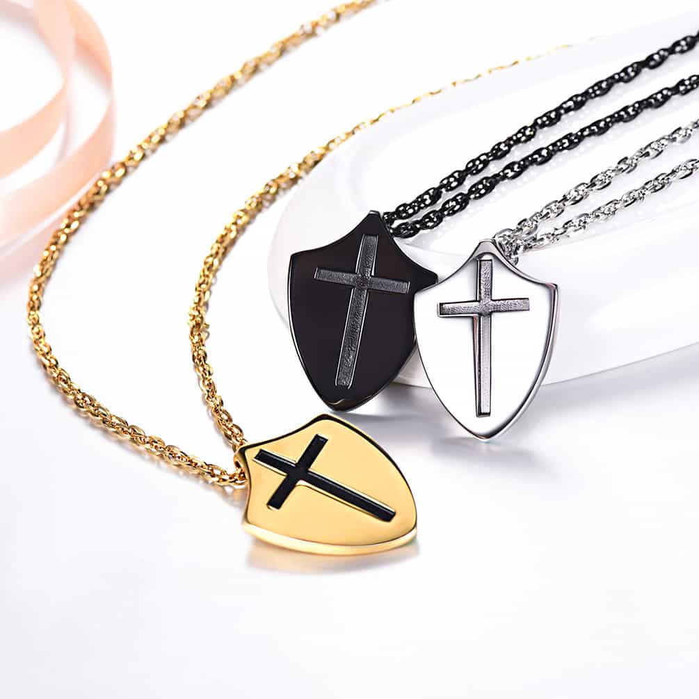 Christian Cross Shield Pendant Necklace with Ephesians 6:10 for Men