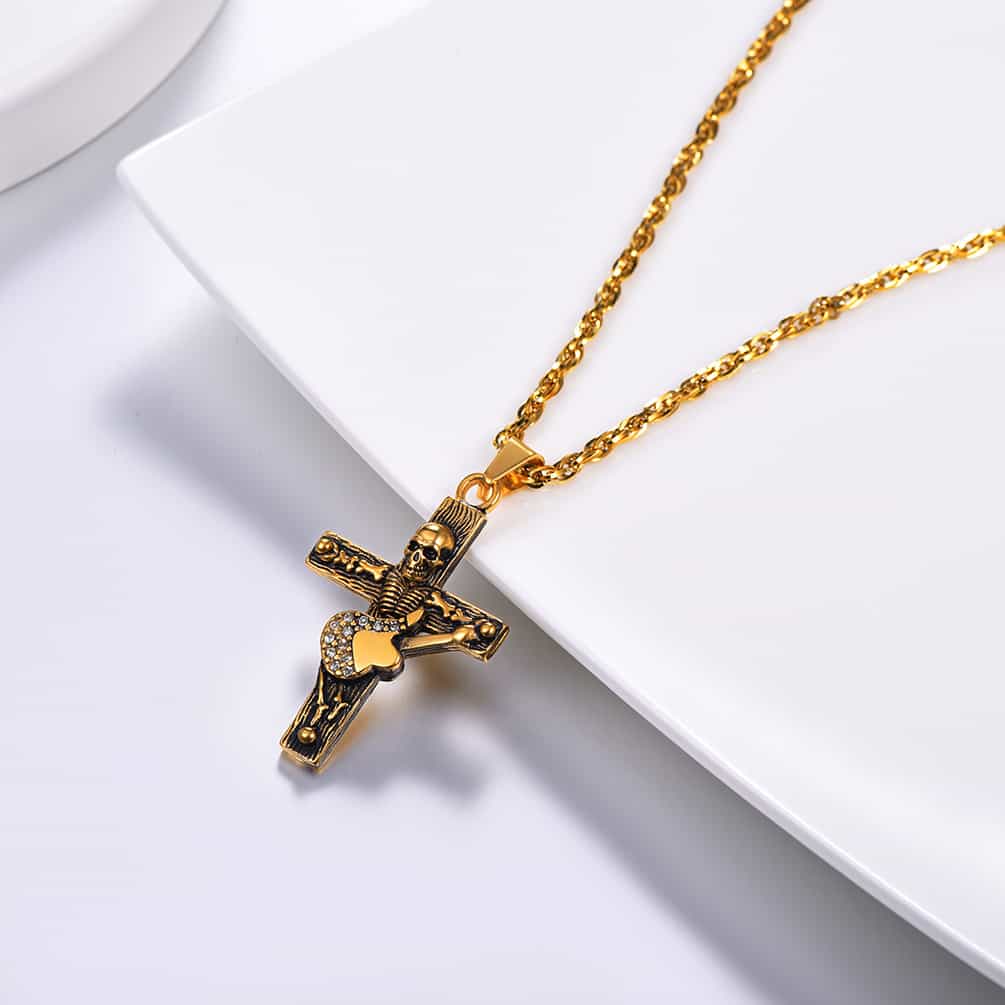 Punk Skull Guitar Cross Necklace for Men
