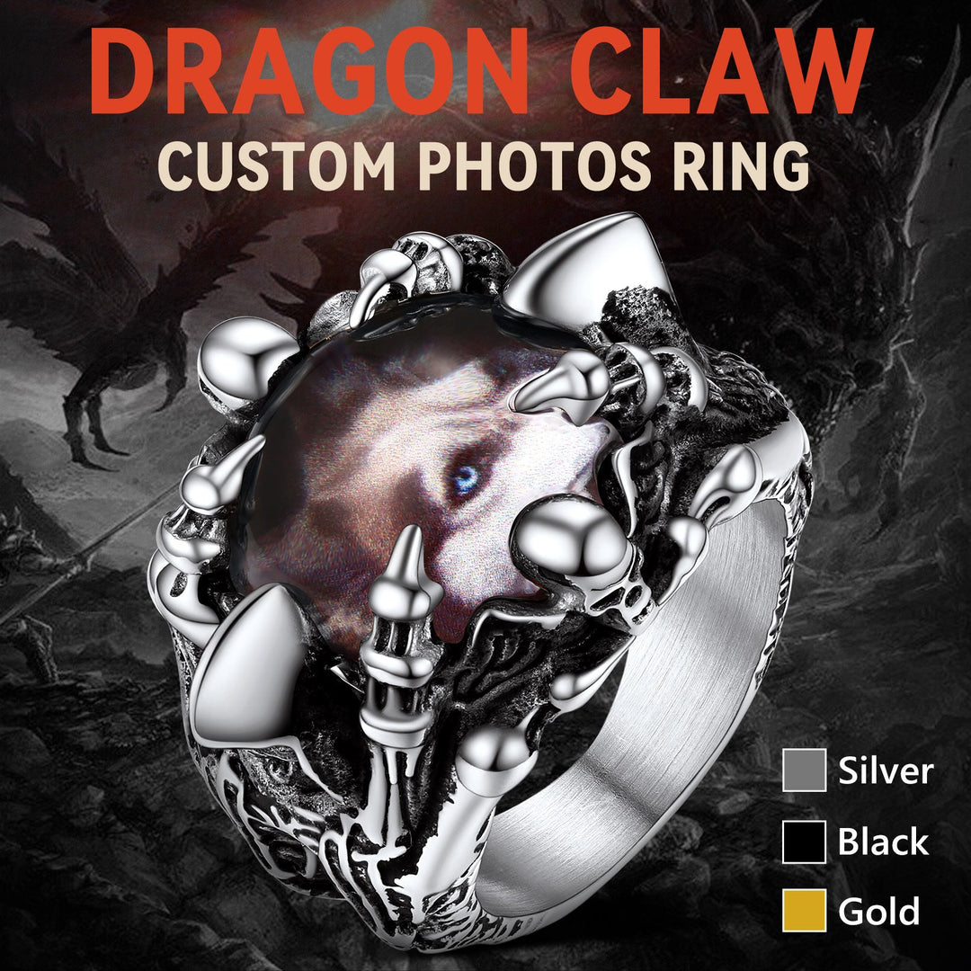 Customized Gothic Photo Dragon Claw Ring with Picture For Men