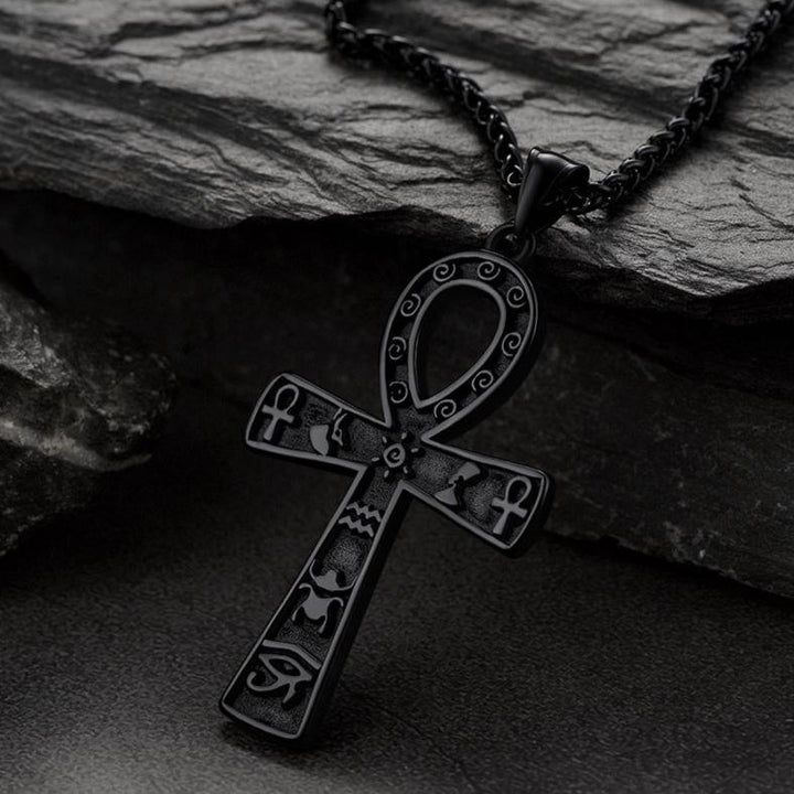 Egyptian Ankh Cross Necklace Pendant With Hieroglyphic For Men