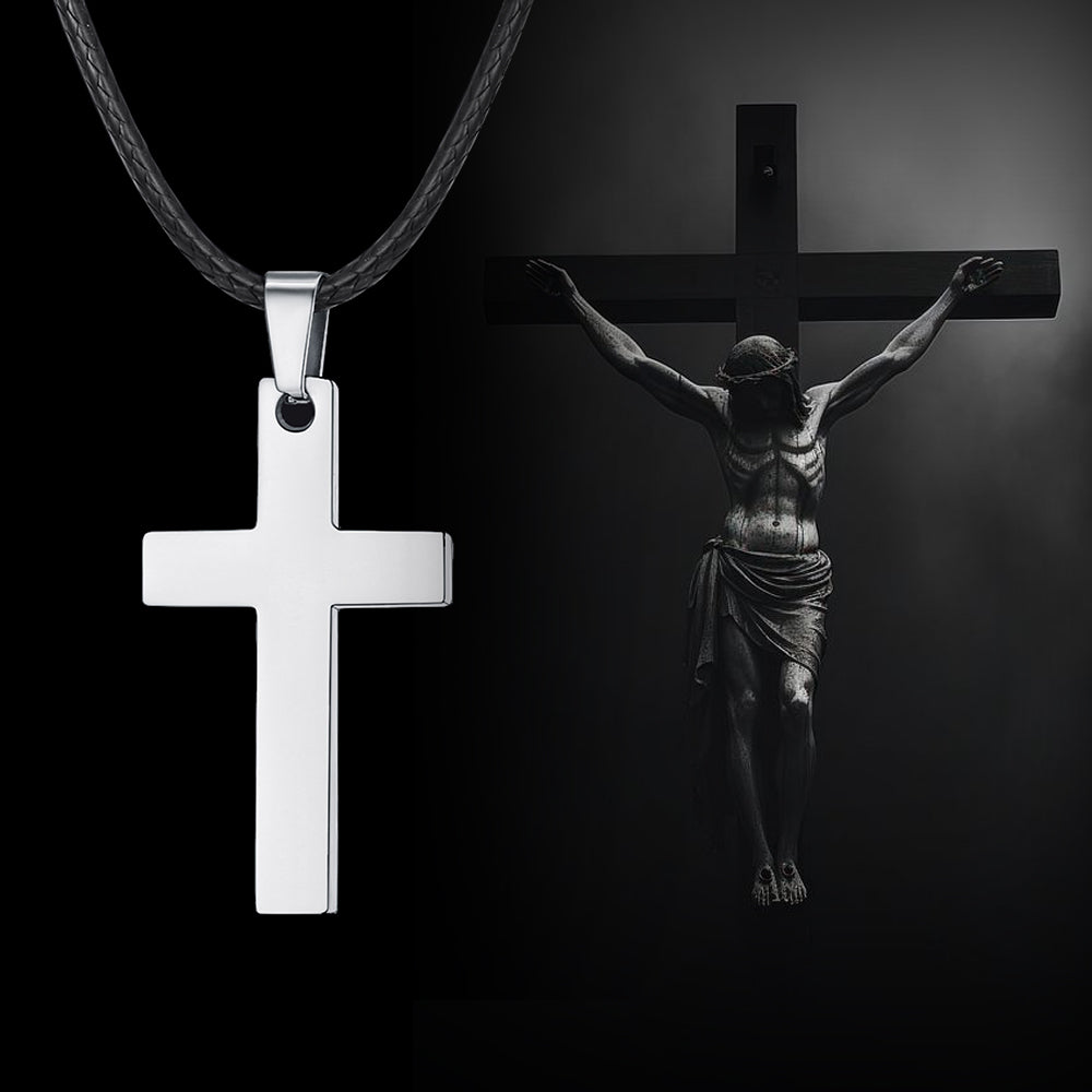 Engravable Cross Leather Necklace Pendant for Men Women