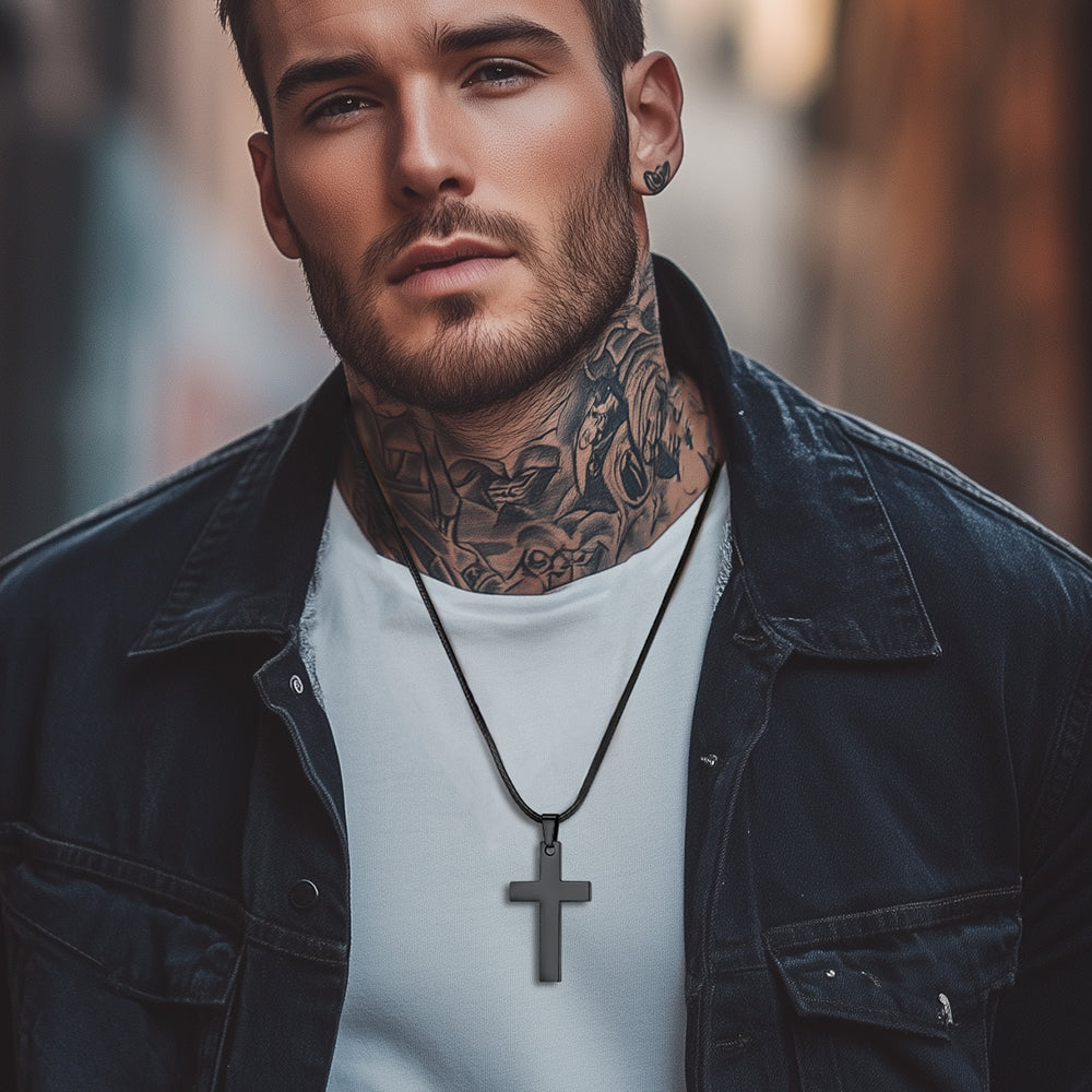 Engravable Cross Leather Necklace Pendant for Men Women