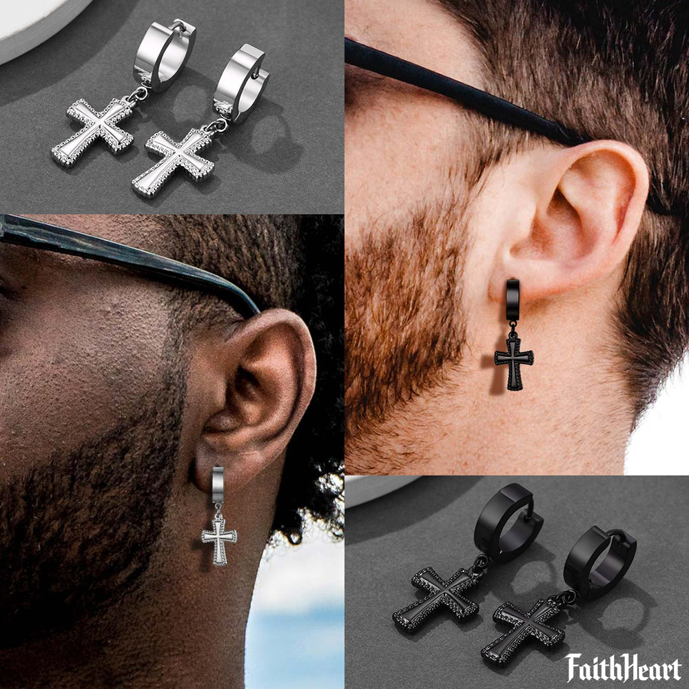 Flash Sale CZ Cross Dangle Hoop Earrings For Men Women