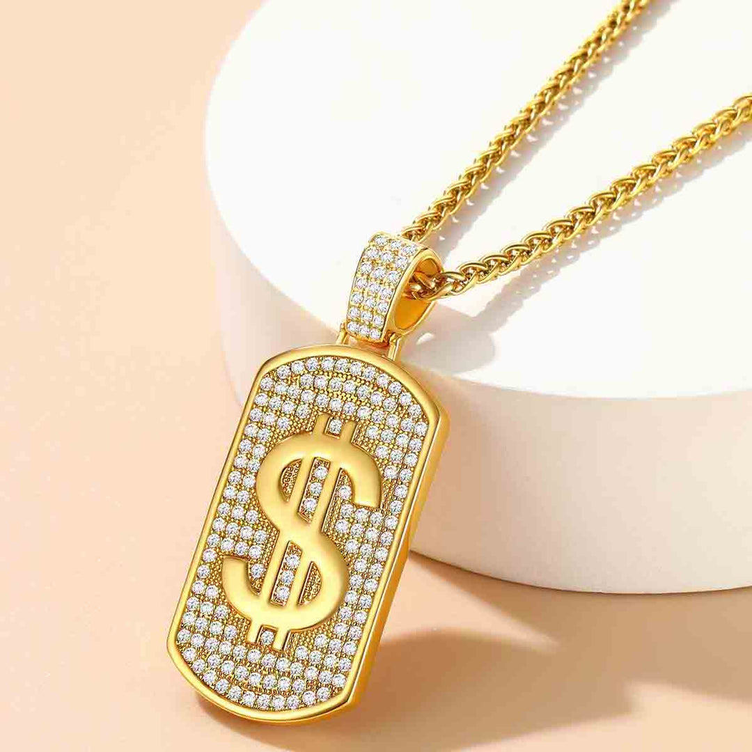 Dollar Cubic Zirconia Bling Dog Tag Necklace for Men Women