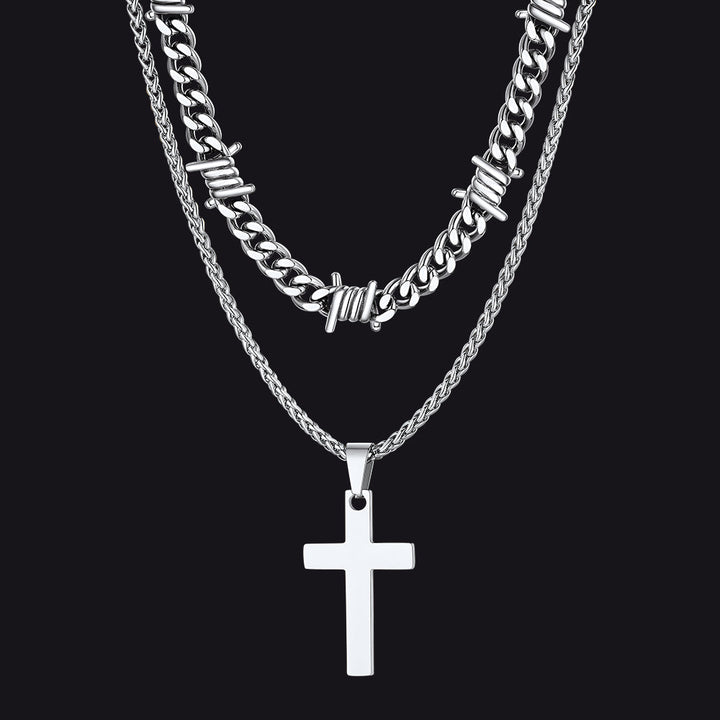 Barbed Wire Cuban Chain & Cross Layered Necklaces Set for Men Women