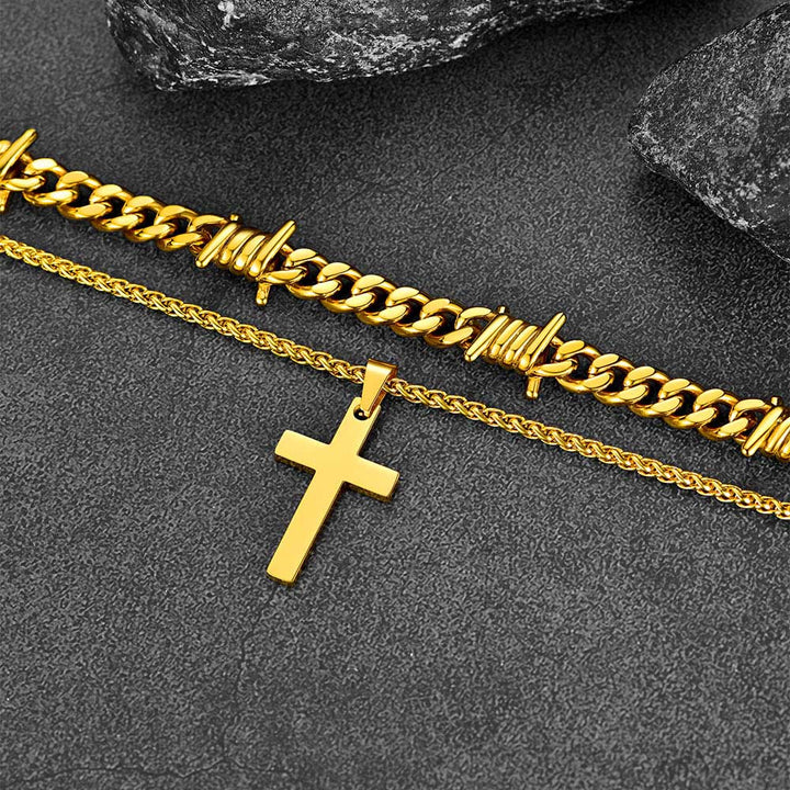 Barbed Wire Cuban Chain & Cross Layered Necklaces Set for Men Women