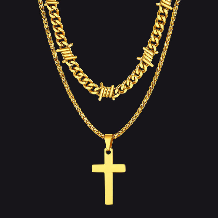 Barbed Wire Cuban Chain & Cross Layered Necklaces Set for Men Women