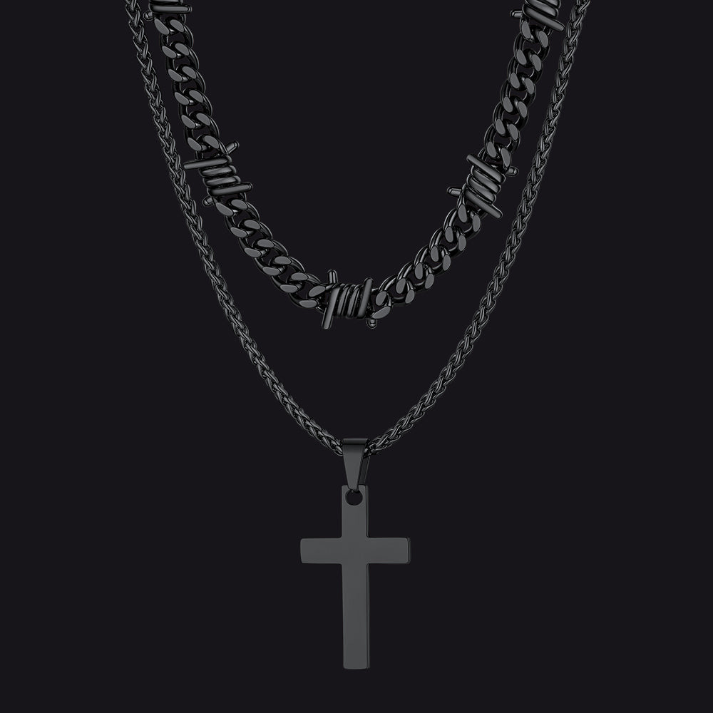 Barbed Wire Cuban Chain & Cross Layered Necklaces Set for Men Women