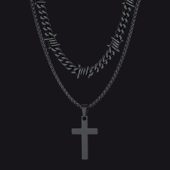 Barbed Wire Cuban Chain & Cross Layered Necklaces Set for Men Women