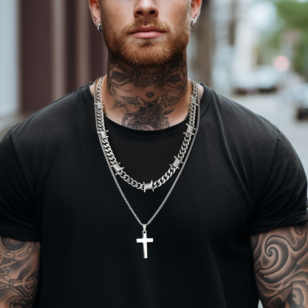 Barbed Wire Cuban Chain & Cross Layered Necklaces Set for Men Women