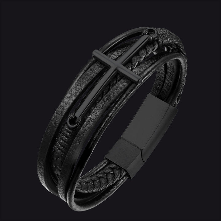 Christian Cross Multi-Layer Braided Leather Bracelet for Men