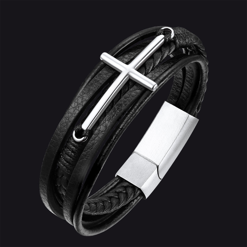 Christian Cross Braided Leather Bracelet Gift for Men
