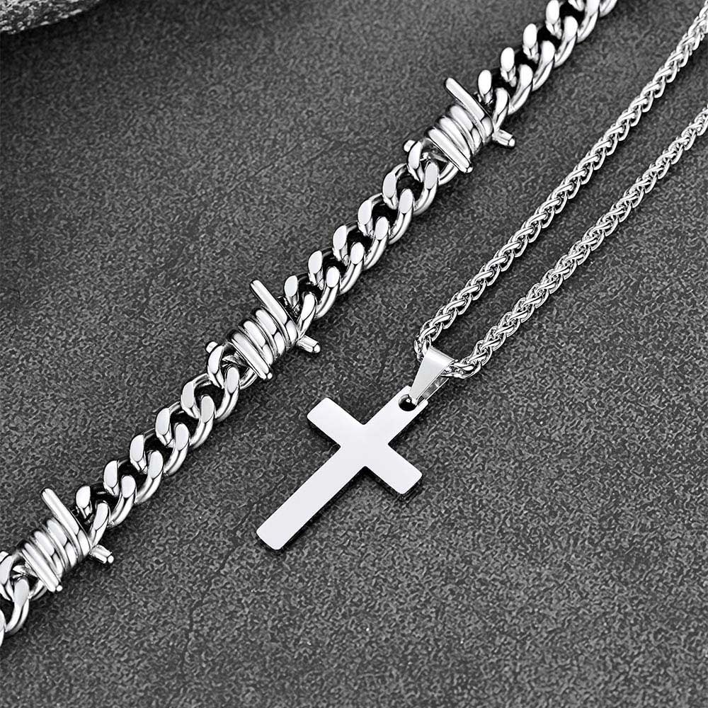 Barbed Wire Cuban Chain & Cross Layered Necklaces Set for Men Women
